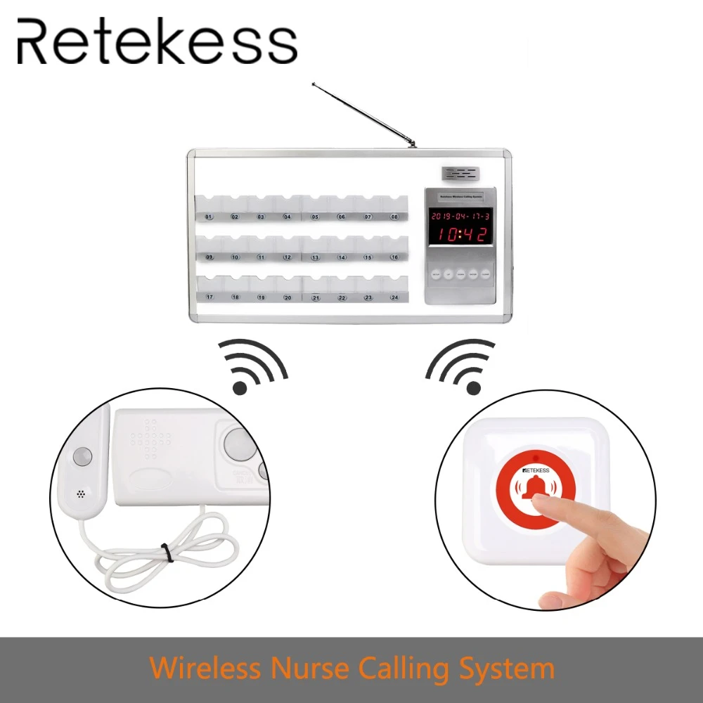 

Retekess Voice Reporting Wireless Nurse Calling System with 24 Bed Receiver + 2 Call button for hospitals, personal clinics