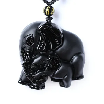 

Drop Shipping Natural Black A Obsidian Mother Baby Cute Elephant Pendant Necklace Fine Crystal Jewelry Gift