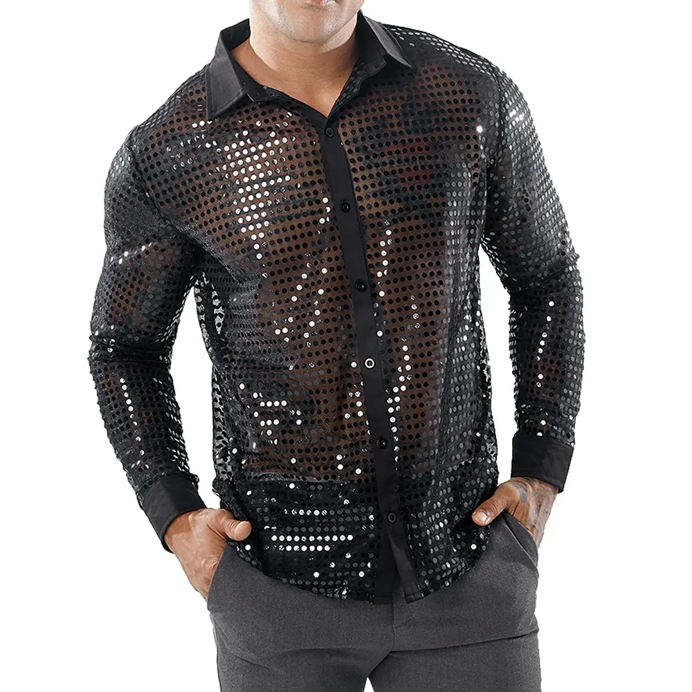 

Men Sequin Glitter Shirts Embellished Transparent Shirt Men Sexy See Through Shirt For Male Nightclub Stage Prom Dance Chemise