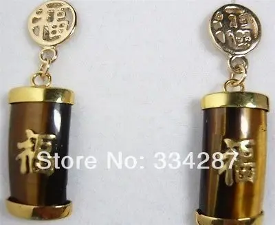 

Beautiful gold plate tiger-eyes stone FU earrings
