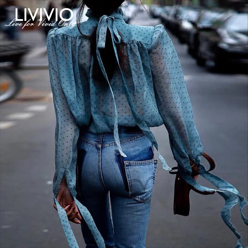 

[LIVIVIO] 2019 Summer Vintage Polka Dot Chiffon Sheer Shirt Women Ruffles Blouse Puff Sleeve Ladies Tops Korean Fashion Clothing