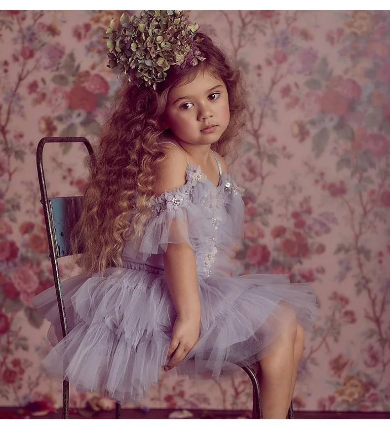 Платье для маленьких девочек серый Стразы с пайетками Сетчатое платье для маленьких принцесс на день рождения темперамент платье