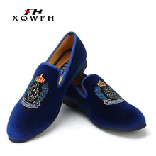 New Style Men Blue Velvet Shoes Embroidery Crown Fashion Party and Banquet Male Dress Shoes Plus Size Men's Loafers piergitar new winter special lamb wool men two color fabric shoes male party prom and banquet loafers men plus size flats