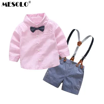 

MESOLO Children's suit boys gentleman college wind 3 color striped shirt bow tie straps pants two sets