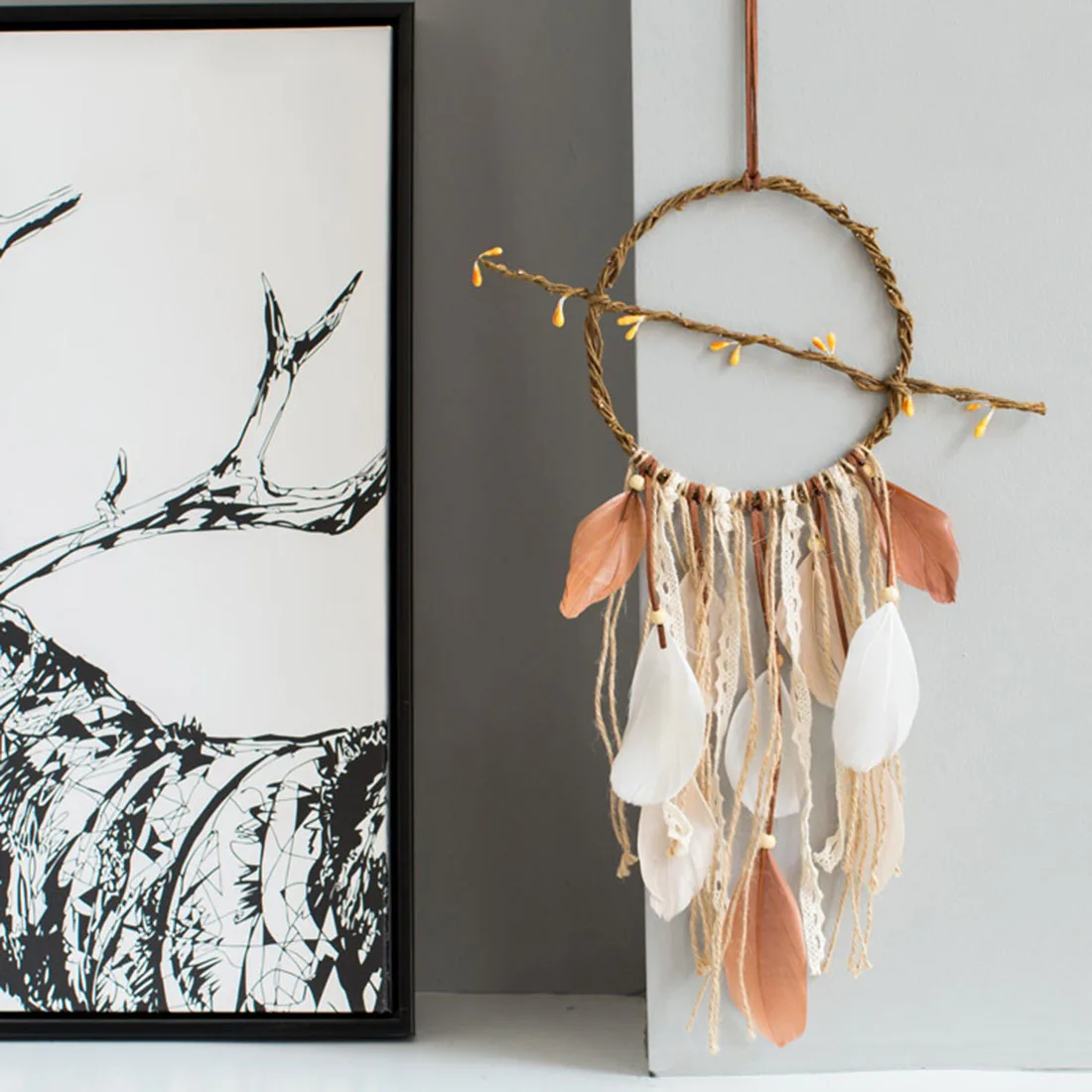 

Rattan Dreamcatcher Wind Chimes Indian Style Feather Pendant Dream Catcher with Wooden Beads Lace Creative Car Hanging Decor