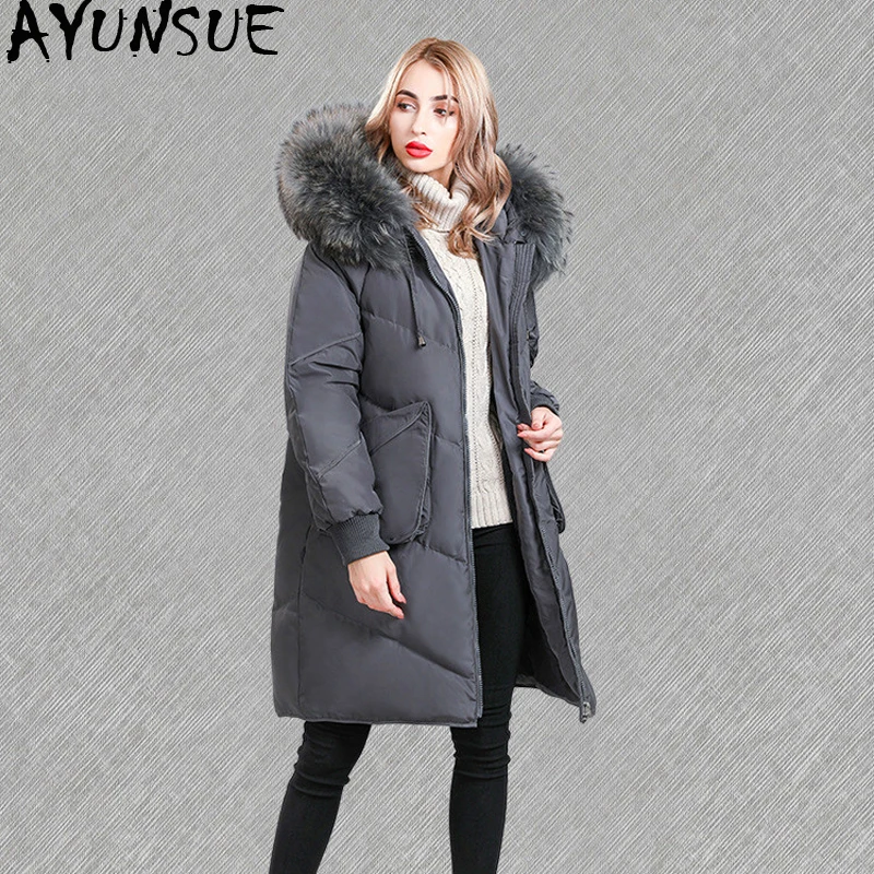 

AYUNSUE Winter Fashion Down Jacket Women Coat Long Loose Female Jacket Large Racoon Dog Fur Collar Parkas Mujer 2019 KJ606