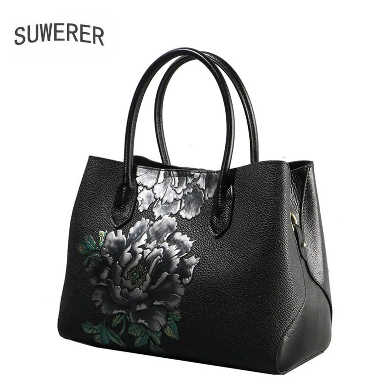 

SUWERER 2018 New Genuine Leather women bags Handmade embossing luxury cowhide big tote women bags designer women famous brands