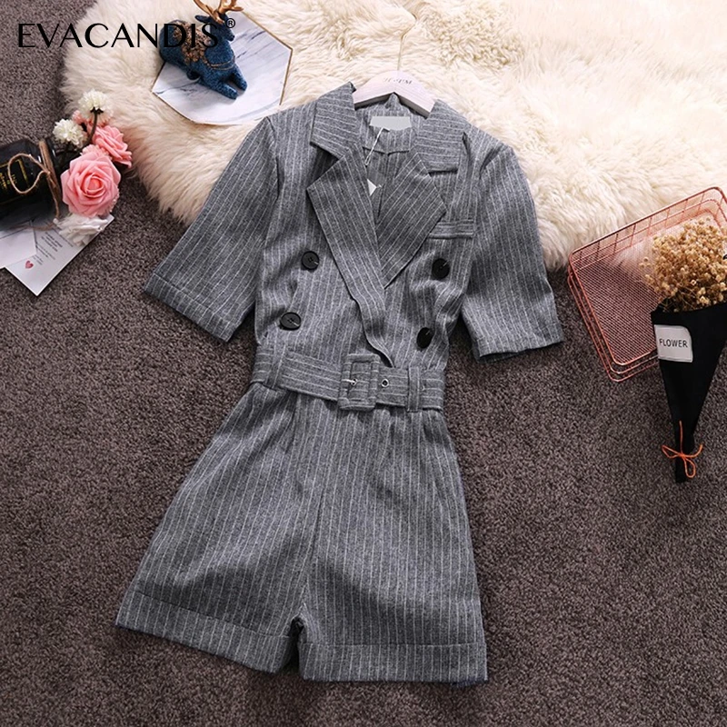 

Gray Striped Short Women Jumpsuit Suit Collar Office Elegant Vintage Tunic Summer Korean Rompers Overalls Short Women Jumpsuit