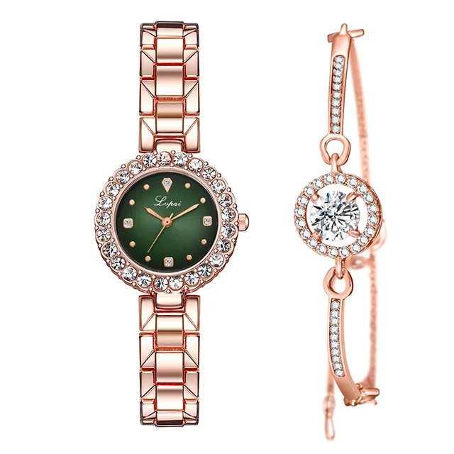 Luxury Diamond Green Watch Women Crystal Watches Bracelet Set Female Jewelry Fashion Rose Gold Starry Quartz Watch For Lady Gift - Цвет: green bracelet