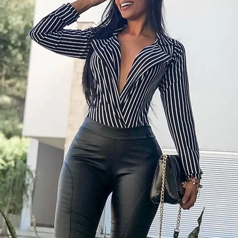 

2019 Spring Women Fashion Elegant Casual Office Lady Workwear Shirt Long Sleeve Female Vertical Stripes Plunge Lapel Neck Blouse