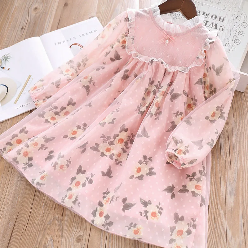 

Spring Net Yarn Pearl Collar Flower Gauze Girl Dress Double-layer Long Sleeve Kids Frocks Clothes