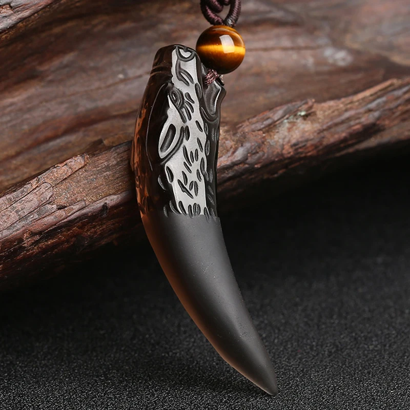 Wolf tooth Obsidian Pendant Necklace Amulets And Talismans Couple Natural Stone Necklace For Women Men Lucky Jewelry