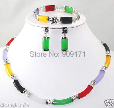 

X2331 UI770 Free Shipping>>pretty Fine Multi-Coloured Jade bracelet earring Necklace Silvered set