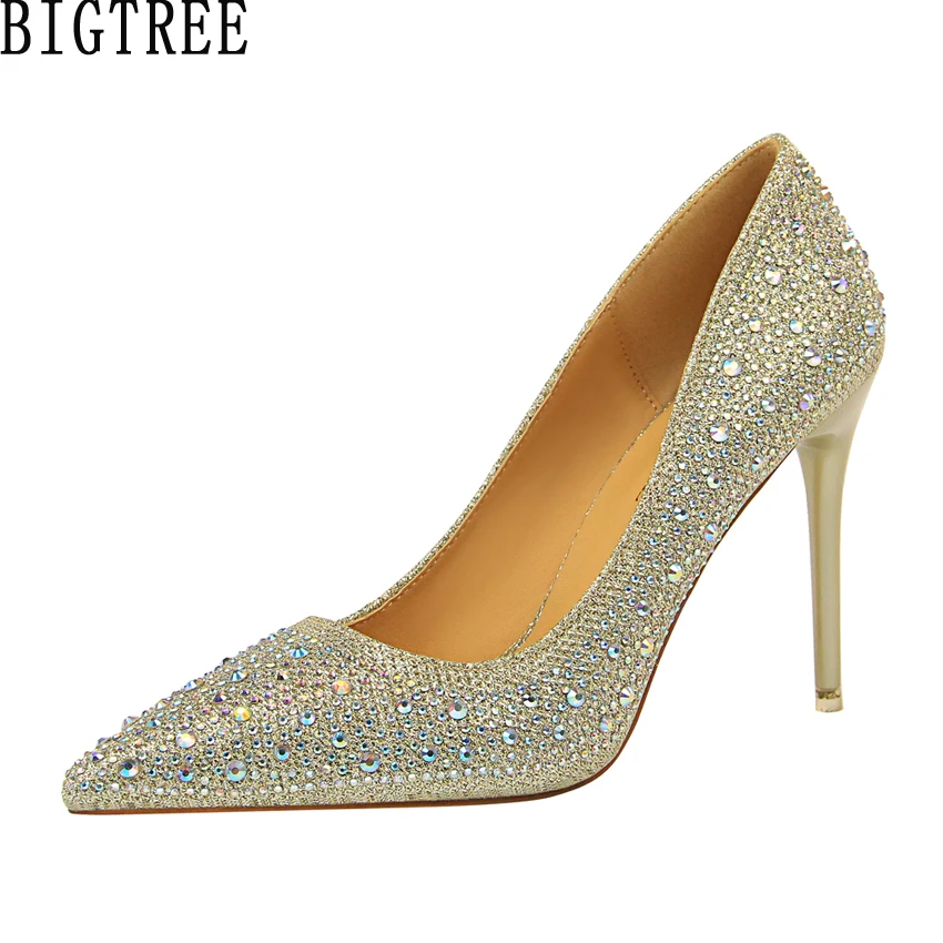 

BIGTREE Women Pointed Toe High Heels Slip On Court Shoes Rhinestone Crystal Pumps Woman Wedding Female Shoes Luxury Stilettos