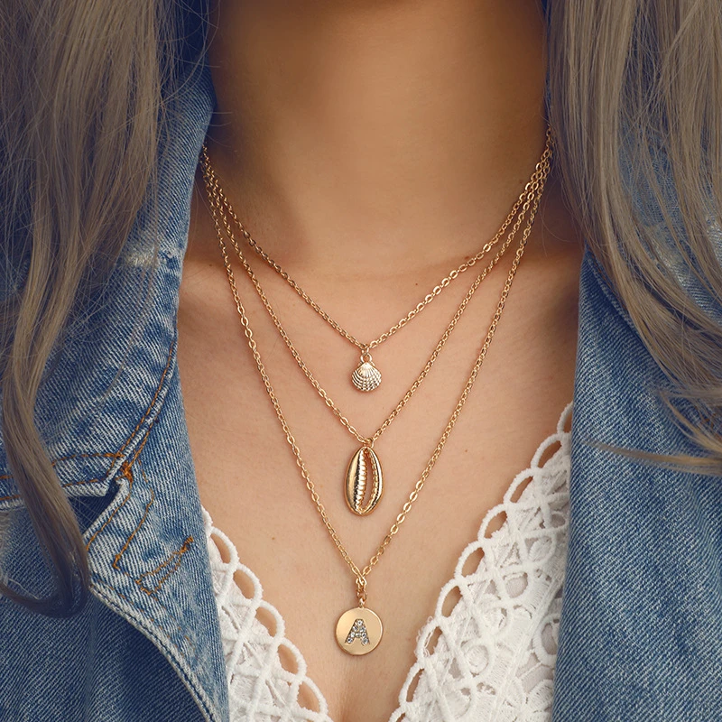 

Three Layers of Shell Pendant Necklace Natural Shell Gold Rhinestone Cowrie Women Friend Cowry Seashell Necklace BOHO Jewelr'y