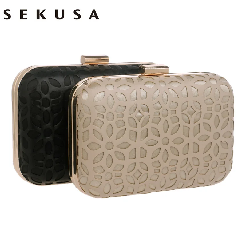 

SEKUSA Fashion Hollow Out Style Pu Evening Bags With Chain Shoulder Day Clutches Evening Bags Black/Gold Purse Wallets