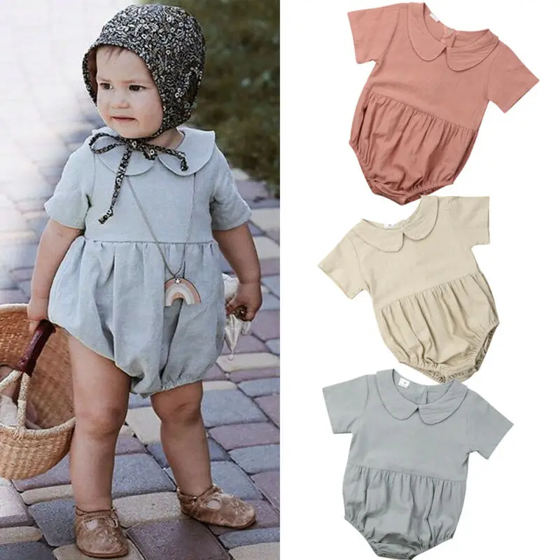 

Newborn Baby Girl Ruffle Solid Romper short sleeve Body Jumpsuit summer cotton Outfits Clothes 0-18M 3 colors