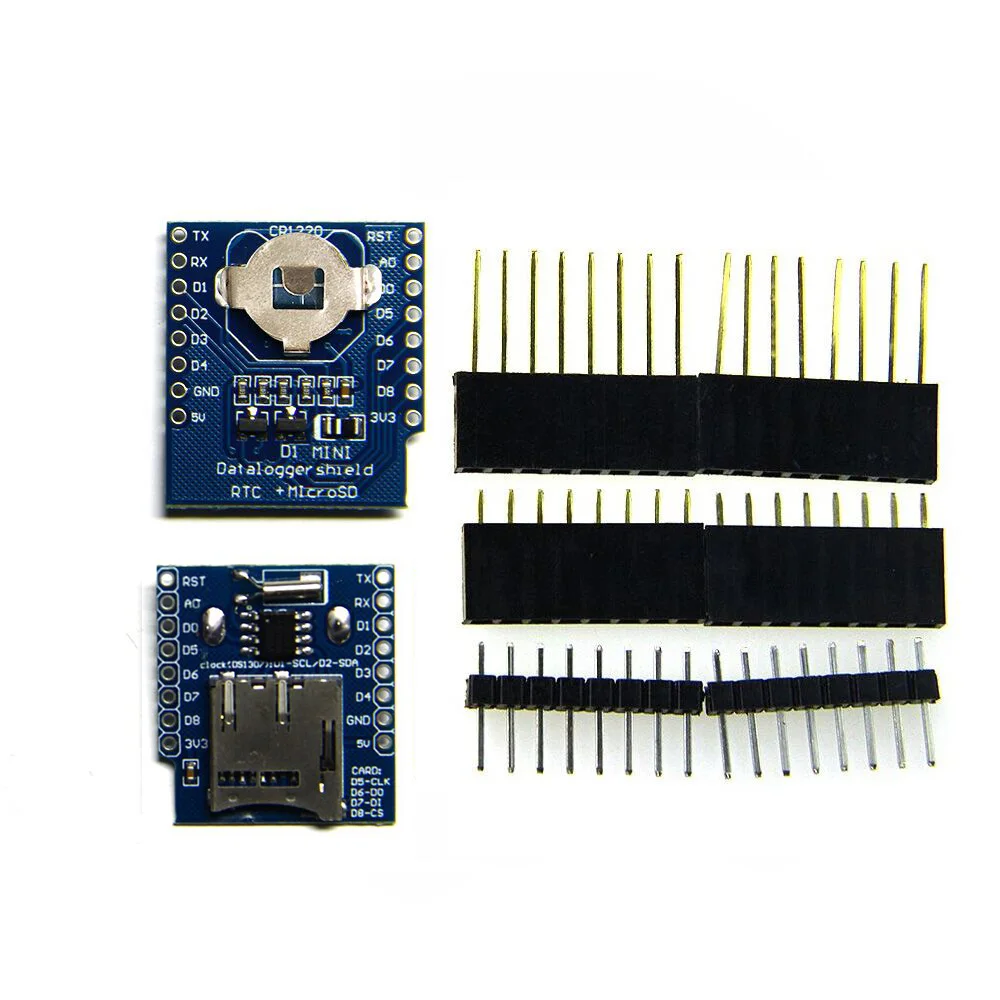 

DataLog Shield for D1 mini RTC DS1307 with battery + MicroSD with pin-headers set for WEMS D1 mini
