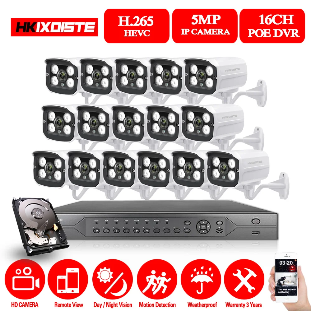 H.265 16CH 5MP Система охранного видеонаблюдения POE NVR System 16pcs IP CAMERA IP66 Indoor Outdoor Waterproof Camera
