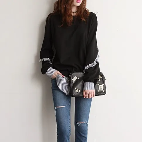 

5xl plus big size pullover sweatshirts women spring autumn winter 2017 new stripe stitch false two pieces fleece female Y0494