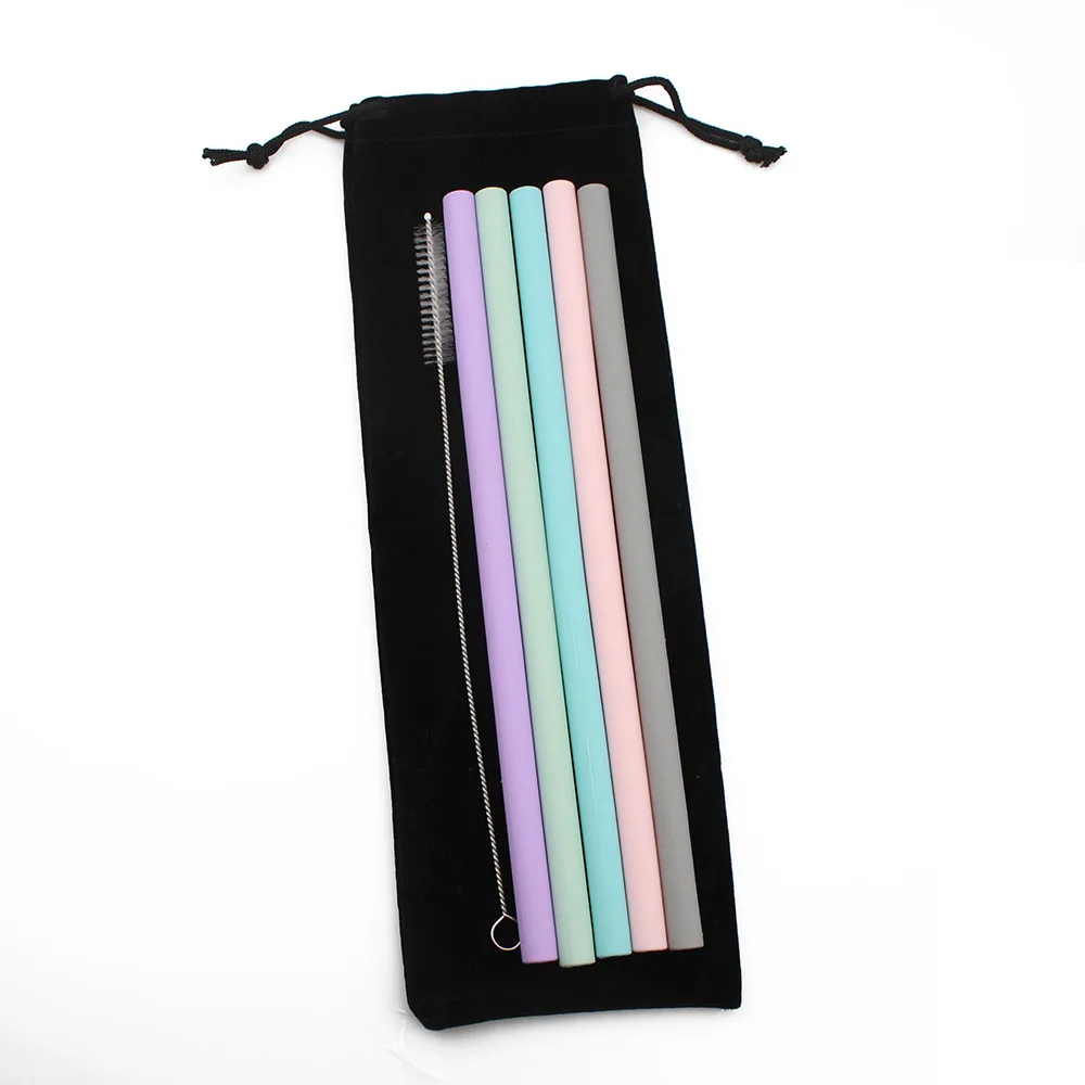 Cyan Reusable Silicone Drinking Straws Set Extra Long Flexible Straws with Cleaning Brush for 20/30 oz Tumbler Bar Party Straws