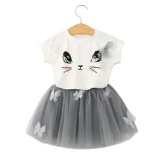 2017 Baby Summer Girls Clothing Set Cartoon Cat T Shirt Yarn Tutu Lace Skirt Children Kids Clothes Suits Fashion Toddler Clothes