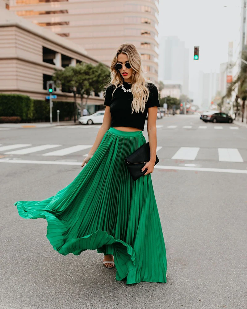 Miguofan Pleated Skirt Women High Waist Long Skirts Loose Streetwear Solid Black White Maxi Skirts Summer Jupe Femme