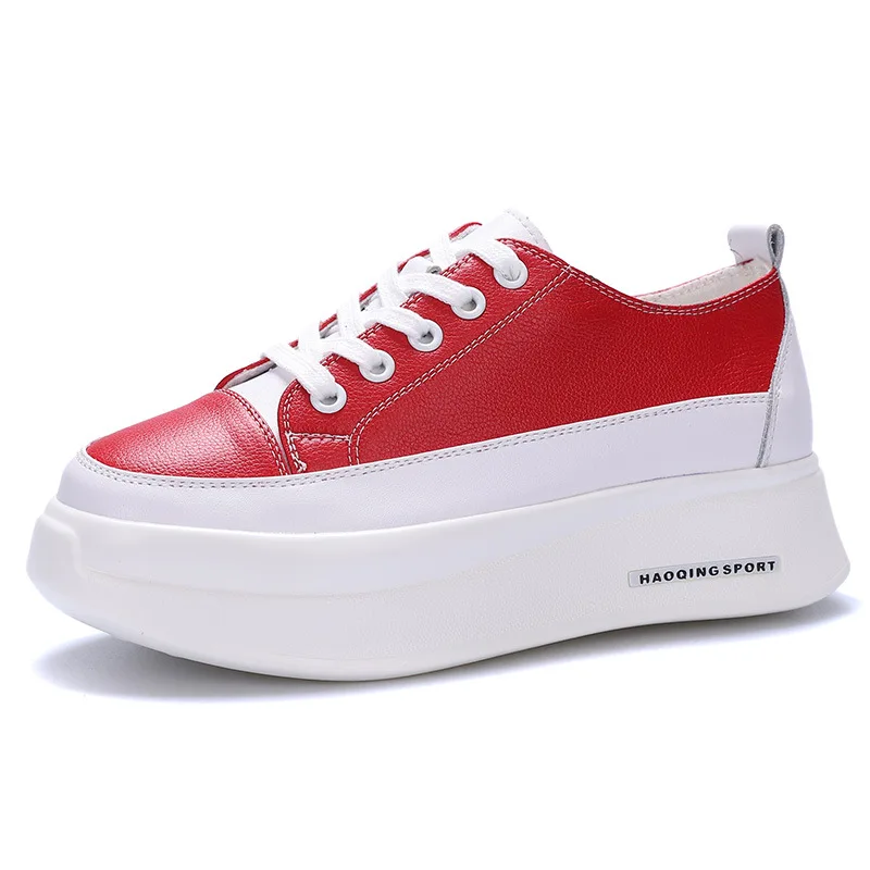 

Spring 2019 New Women's Shoes Leather Thick-soled Muffin Casual Shoes Laces Black Red Genuine Leather Cow Leather