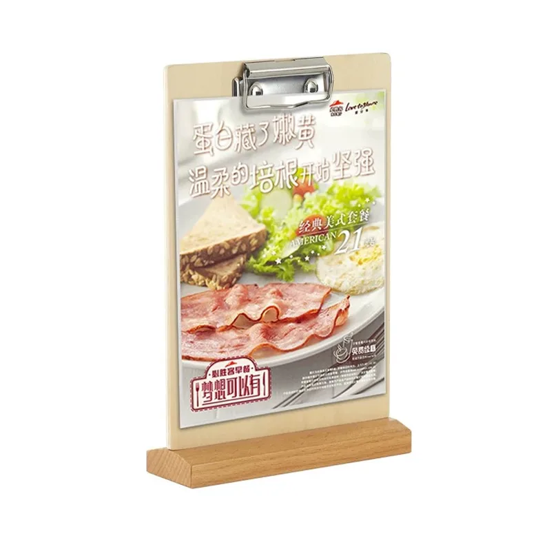 A4 stół drewniane Menu ulotka klip karton Organizer do dokumentów Menu ramka na plakat uchwyt stojak