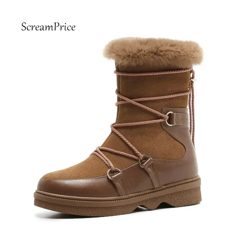 

Women Cow Suede Side Zipper Keep Warm Snow Boots Fashion Round Toe Cross Tied Winter Comfortable Square Heel Shoes Black