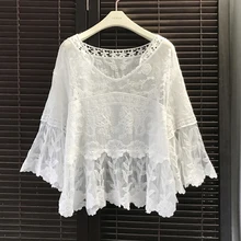 Women White loose Blouse One size Sexy hollow out Lace Crochet Boho Casual Beach Bikini Cover Up Blouses Shirt Tops