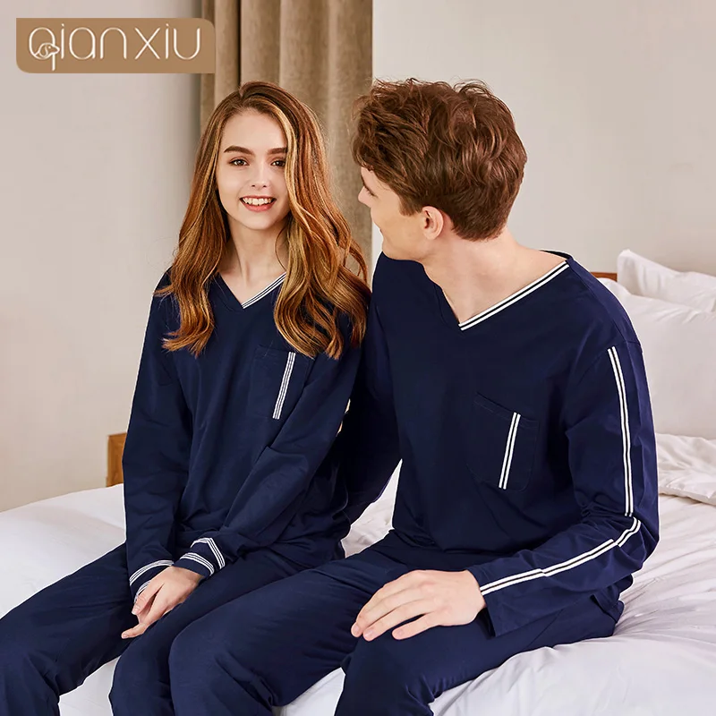 

2019 Spring New Arrival Homewear Couples Casual Loosen Pajama sets Men Cotton Sleepwear suit Male V-neck Collar t shirt +pants