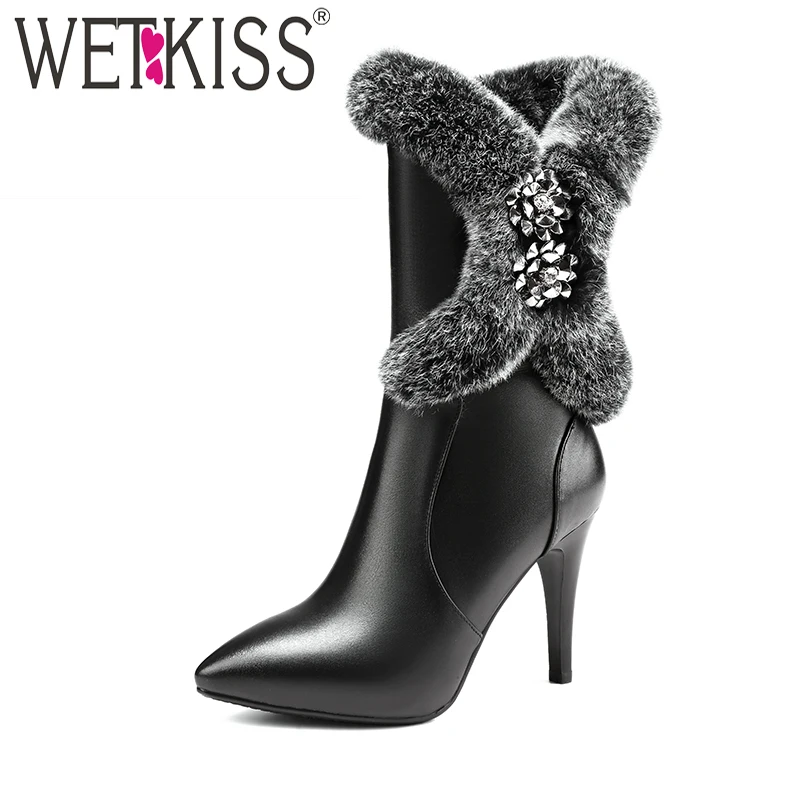 

WETKISS Designers Metal Flower Ankle Boots High Quality Genuine Leather Winter Boots Zip Luxury Fur Female Shoes Woman High Heel