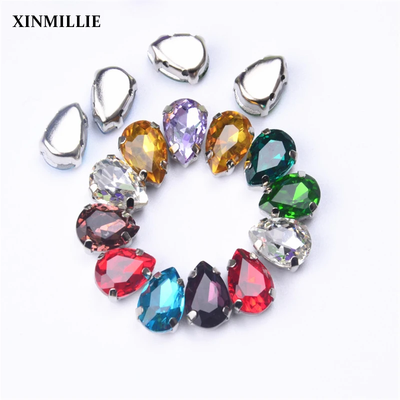 

free shippment! teardrop 7*10mm 30pcs/lot Crystal Silver pointback Sew On Stones With Claws Setting Chatons Crystal Glass Stones