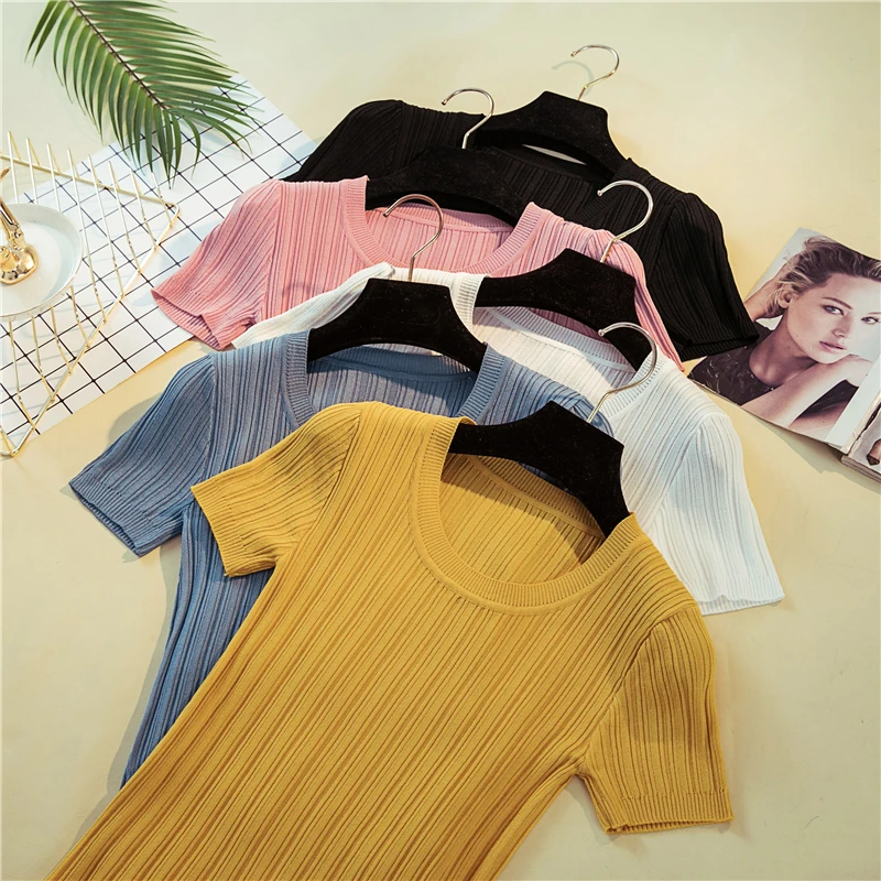 

New Knitted Rib Summer T Shirt Women Casual Short Sleeves T-Shirt Breathable Elasticity Kintwear Top O-Neck Female Tshirt D00501