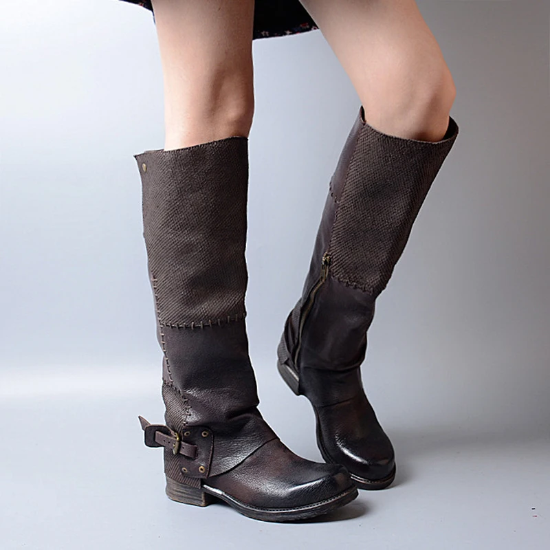 Prova Perfetto кожаные сапоги до колена высокого качества для женщин сочетаются цвет зима ремень пряжка боковая молния длинные сапоги для верховой езды