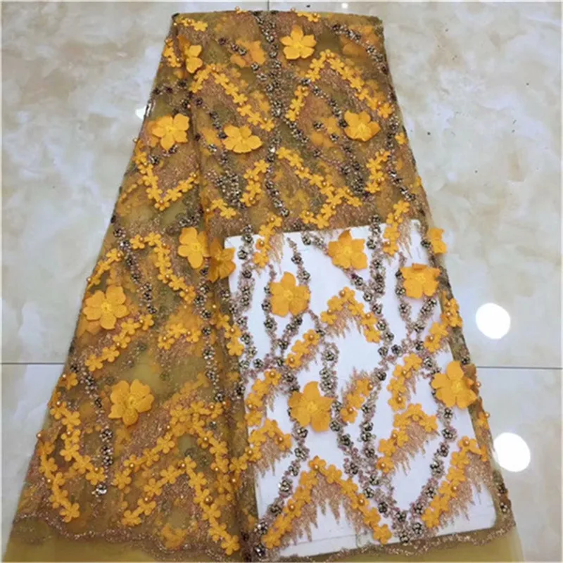 

2019 5 yard gradient Gold 3D sequin fabric elastic spandex embroidered mesh African lace sequin fabric for clothing