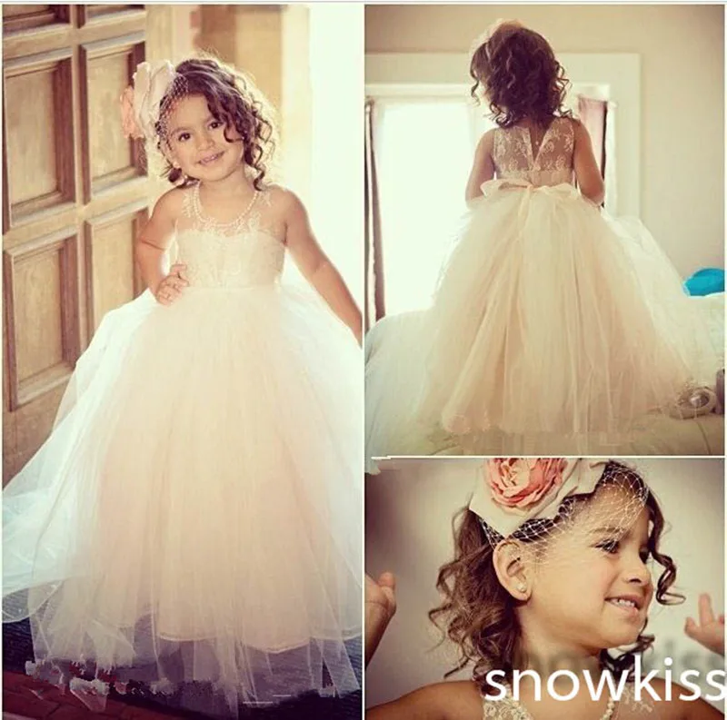 Lovely Haute Couture Scoop Sleeveless Tulle White&Ivory A-line long Gowns Tutu Flower Girl Dress Party Birthday Pageant