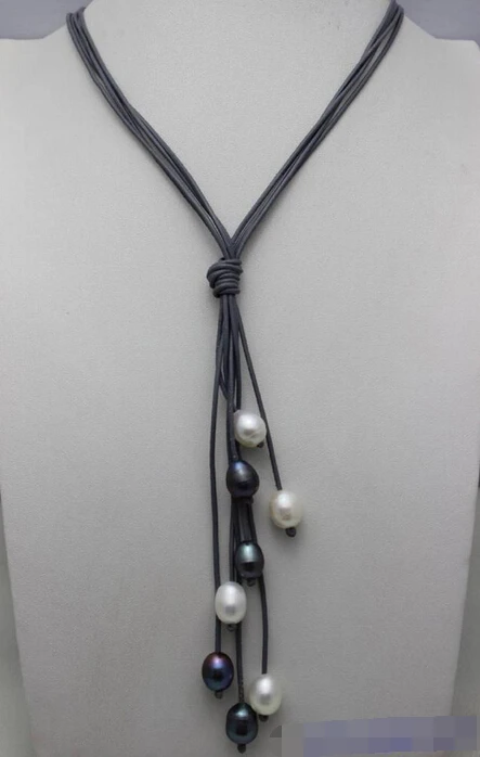 

Jewelr 006380 8bead Gray Genuine Leather white&black Freshwater Pearl Necklace 20" Beauty