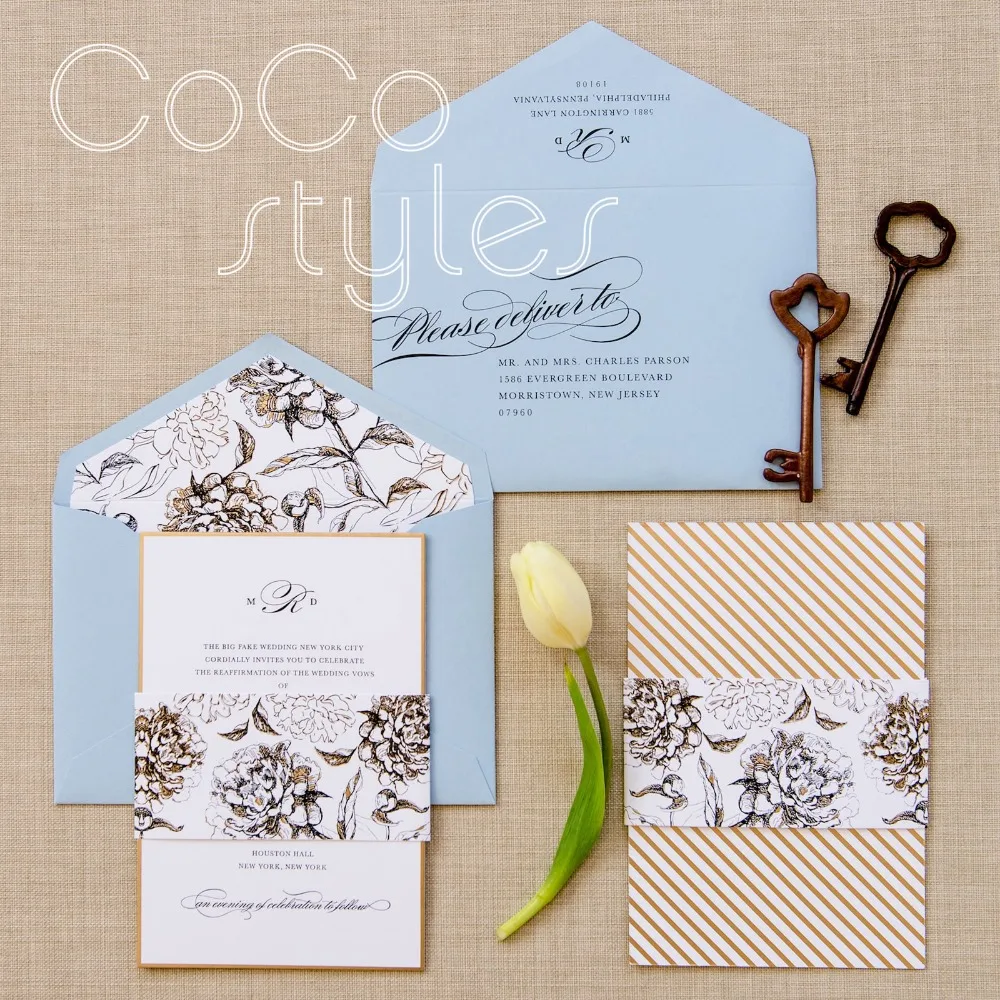 Cocostyles bespoke exquisite floral belly band design invitation card set with foil printing for elegant wedding invitations | Дом и сад