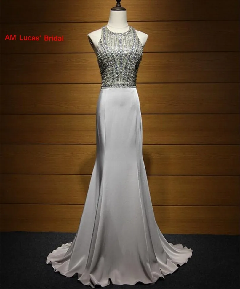 New Grey 2017 Mermaid Evening Dress Open Back Beaded Rhinestones Formal Evening Gowns For Wedding Party New Grey 2017 Mermaid Evening Dress Open Back Beaded Rhinestones Formal Evening Gowns For Wedding Party