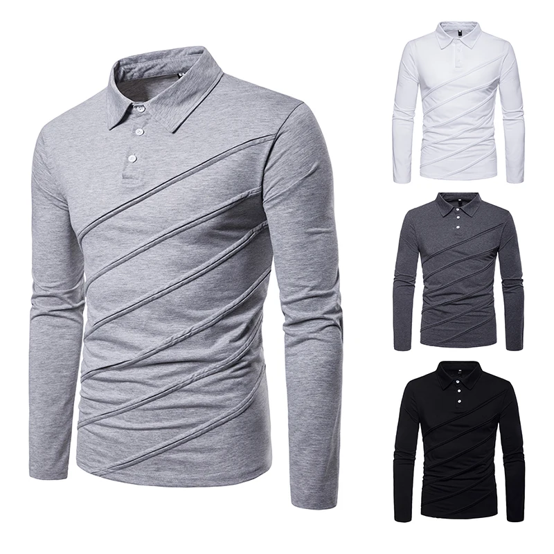 

New men's brand clothing solid color lapel long-sleeved POLO shirt large size Slim POLO shirt casual sports men's clothing