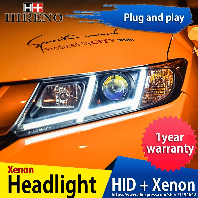 

Hireno Headlamp for 2014-2017 Honda City Headlight Headlight Assembly LED DRL Angel Lens Double Beam HID Xenon 2pcs