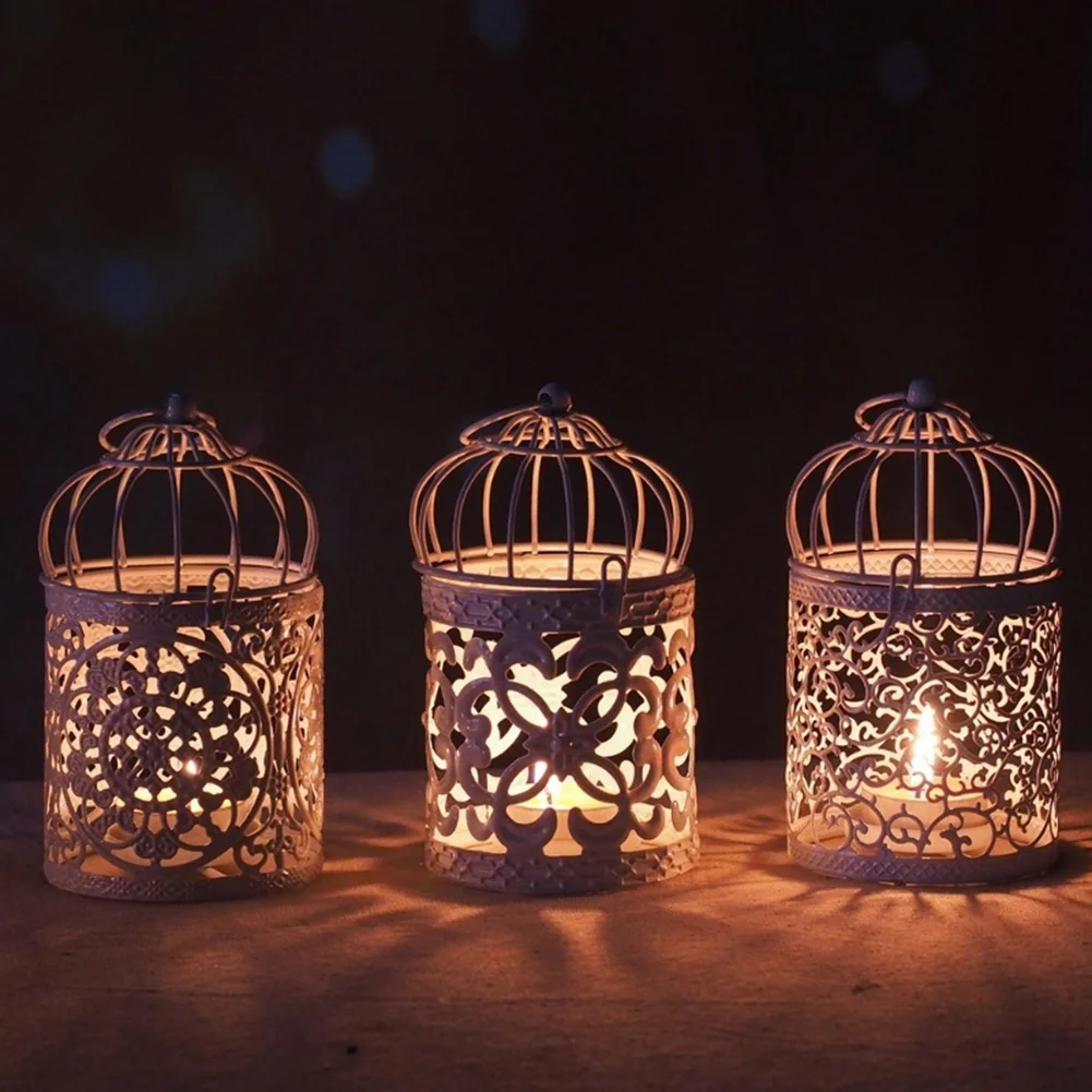 Hollow Candlestick Tealight Hanging Lantern Bird Cage Vintage Metal Candle Holder White Holder Candlestick