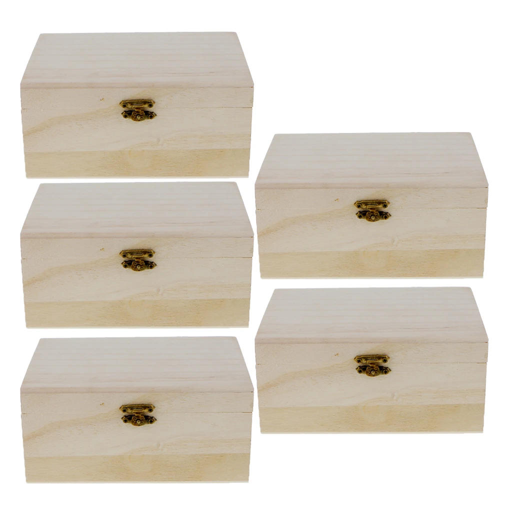

5 Pieces Plain Unpainted Natural Wooden Storage Box Memory Chest Craft Boxes