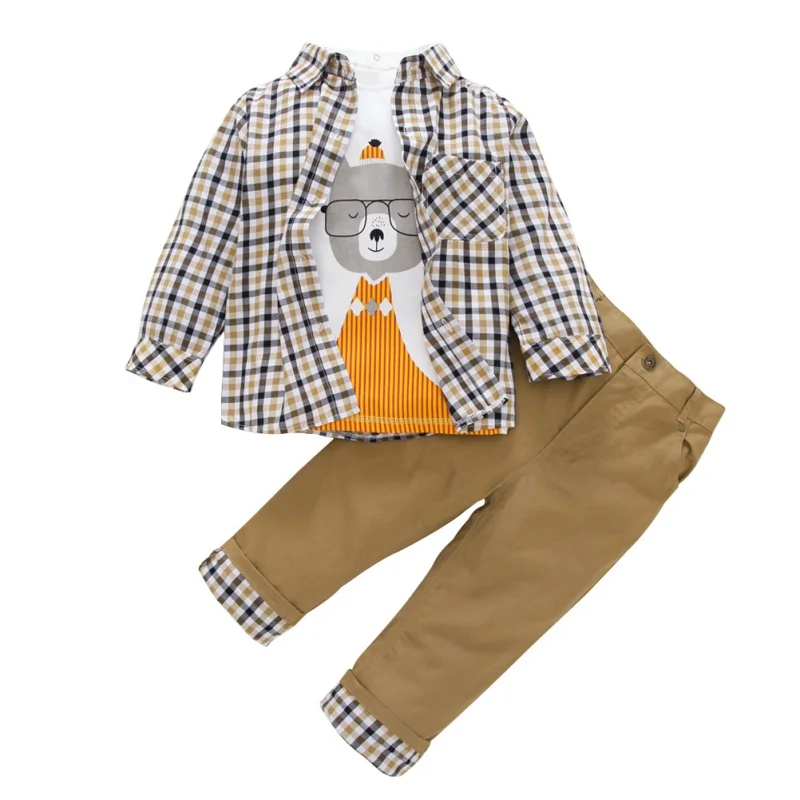 Комплект из 3 предметов для маленьких мальчиков, футболка с мультипликационным принтом, топы+ однотонные штаны+ клетчатые рубашки, комплект одежды, классный комплект для малышей, высокое качество - Цвет: Многоцветный