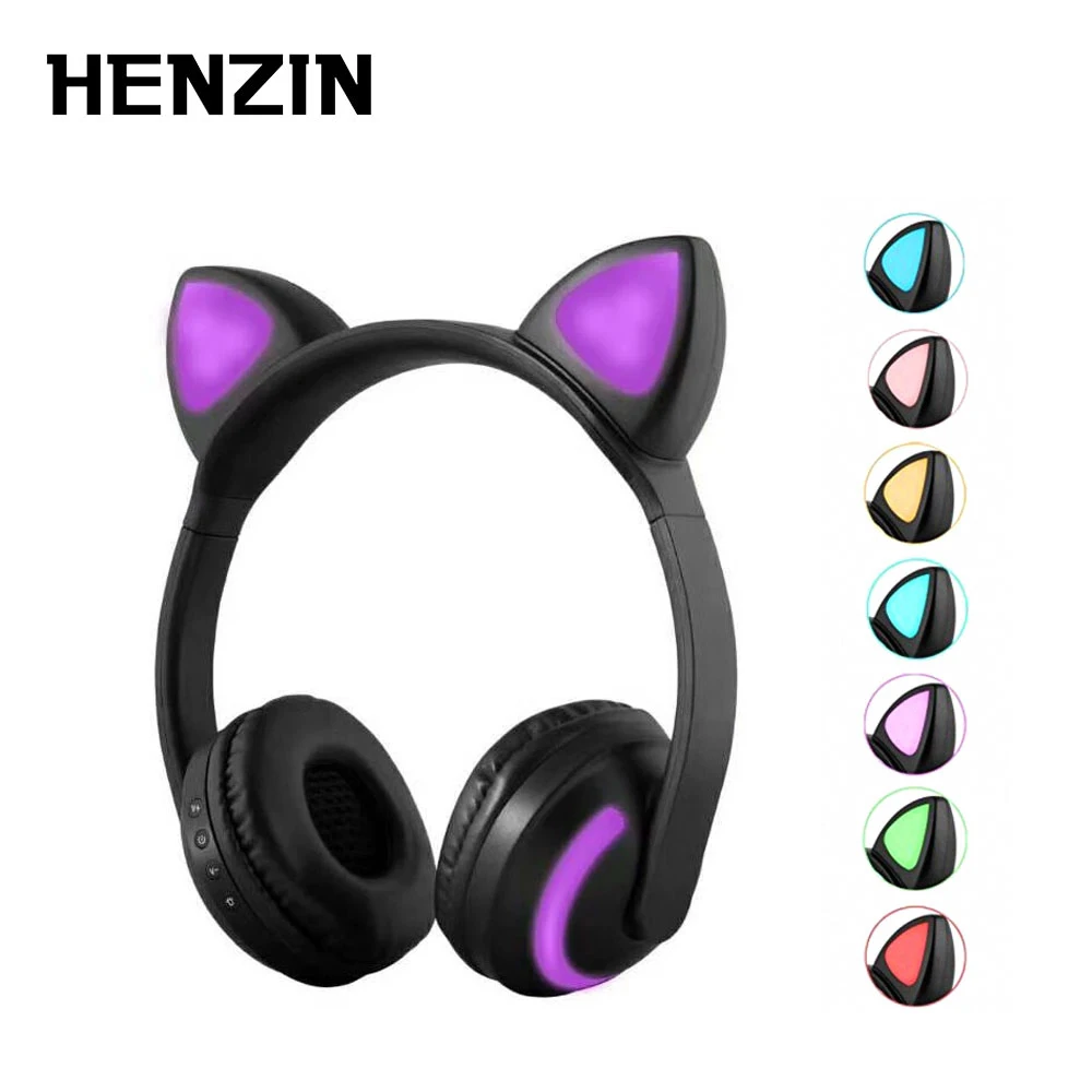 

HENZIN Cat/Rabbit/Deer/Devil Ear Wireless Bluetooth Headphone HIFI Stereo Mic Gaming Headset 7 Colors LED Light for Girls Kids