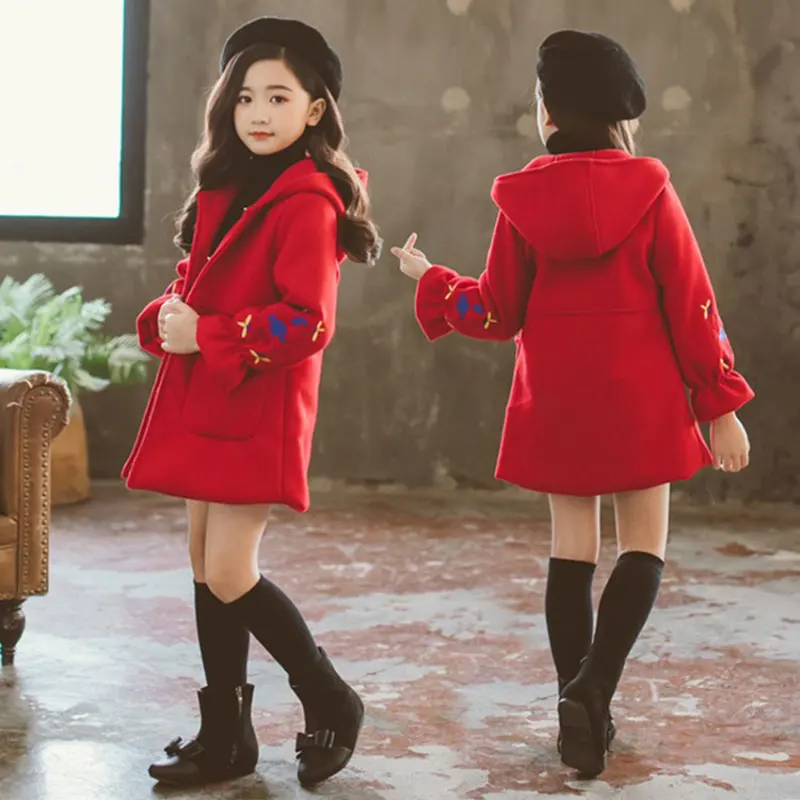 

Spring Winter Children Floral Woolen Coat Embroidery Petal Sleeve Hooded Jacket for Kids 3-12Years Red Pink Princess Cloak Coats