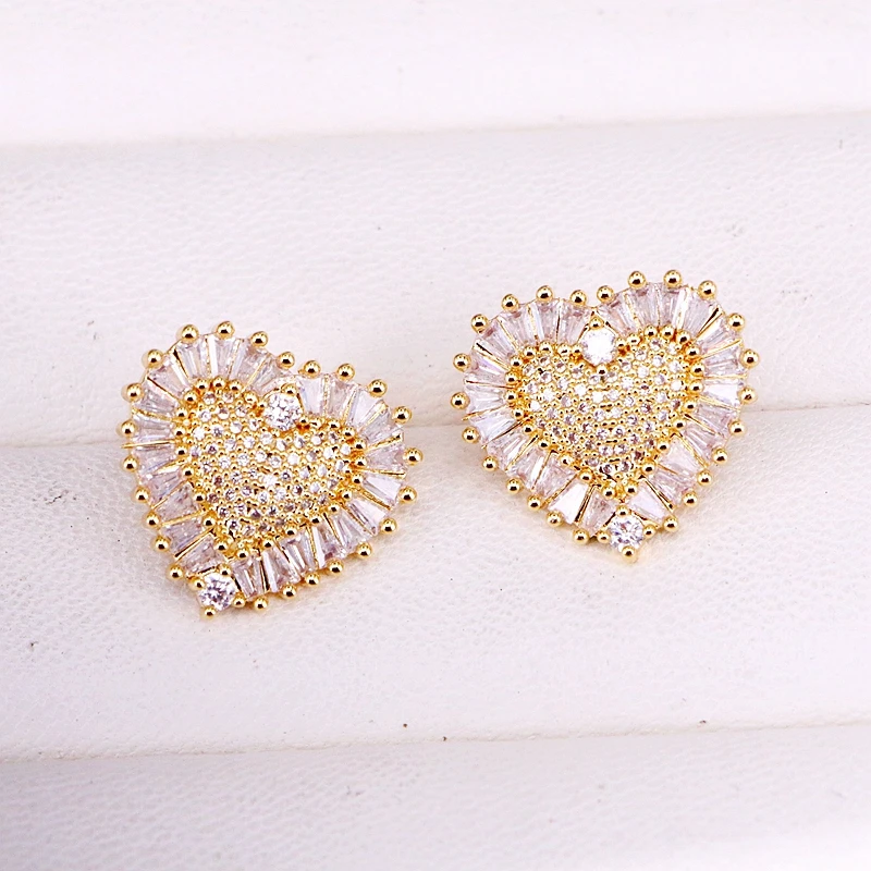 

6 Pairs ZYZ339-2038 Heart shape Copper Gold color clear cz stud earring