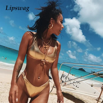 

sexy Gold Metallic reflective bikini swimwear women solid push up bikini set swimsuit Shiny Brazilian biquini bathing suit